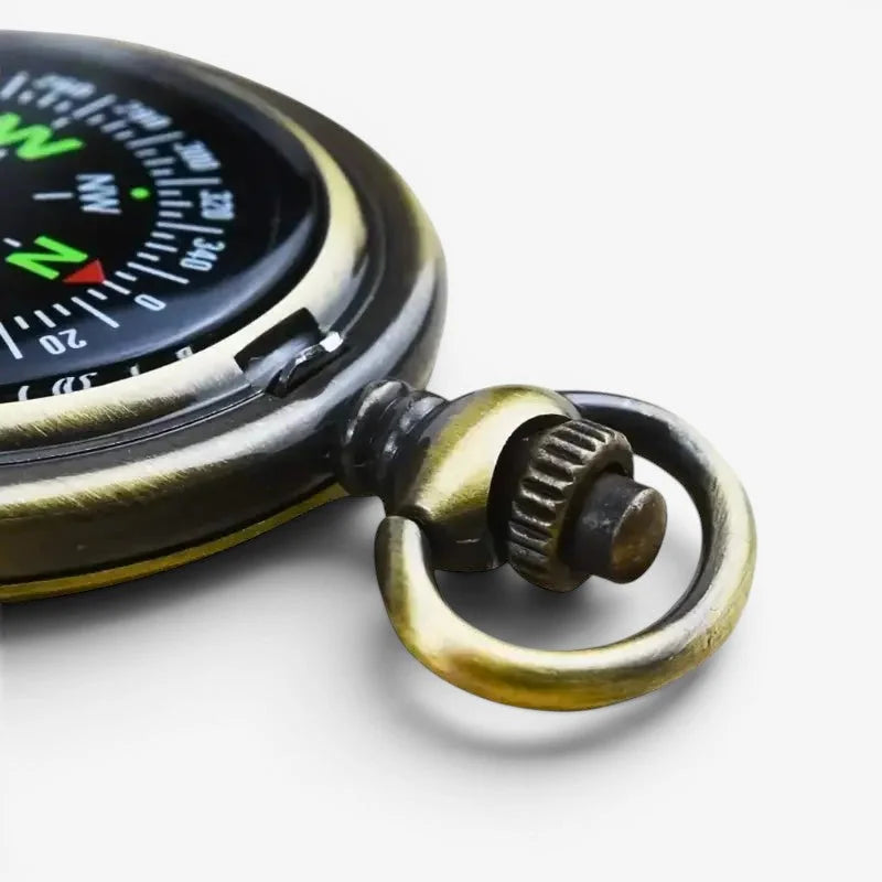 Bronze compass pocket watch with antique brass finish black dial and green red directional markers
