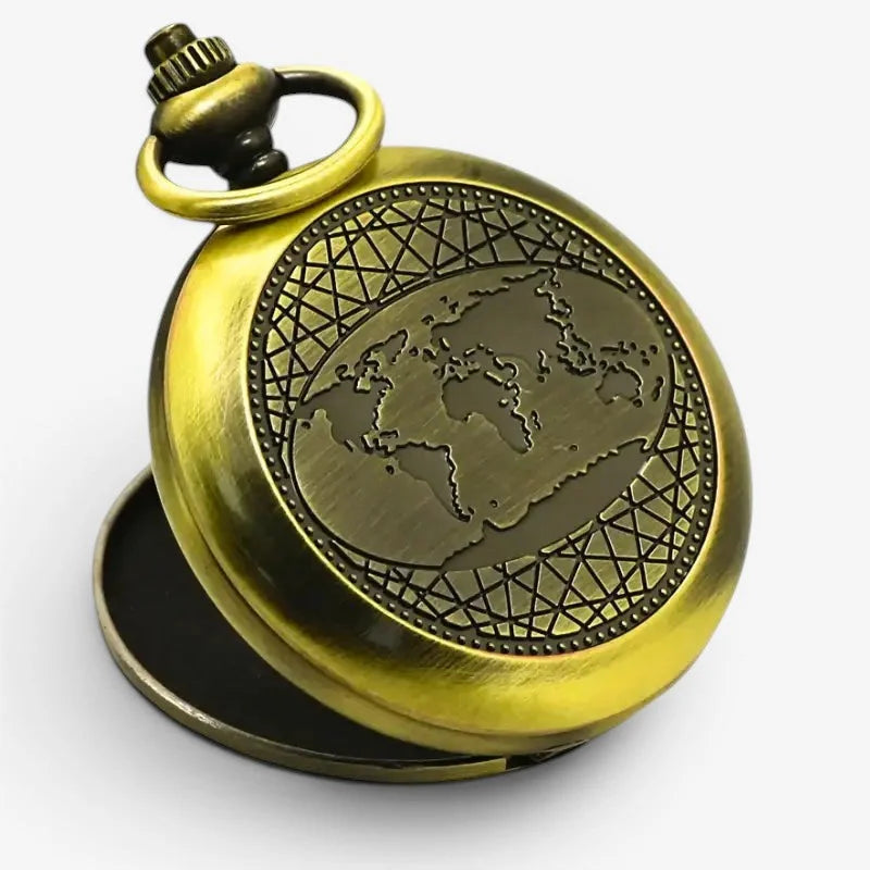 Bronze compass pocket watch with antique brass finish and detailed world map engraving on circular face