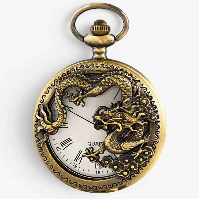 Bronze dragon pocket watch in antique brass with intricate dragon design and roman numerals quartz movement