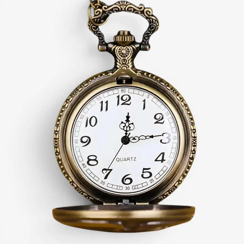 Bronze eagle pocket watch with antique brass finish ornate engraved case and white dial with black arabic numerals