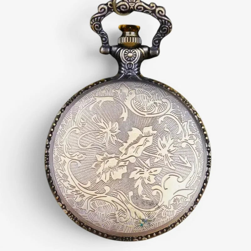 Bronze eagle pocket watch with antique-style silver finish, intricate floral engraving, and ornate decorative bail
