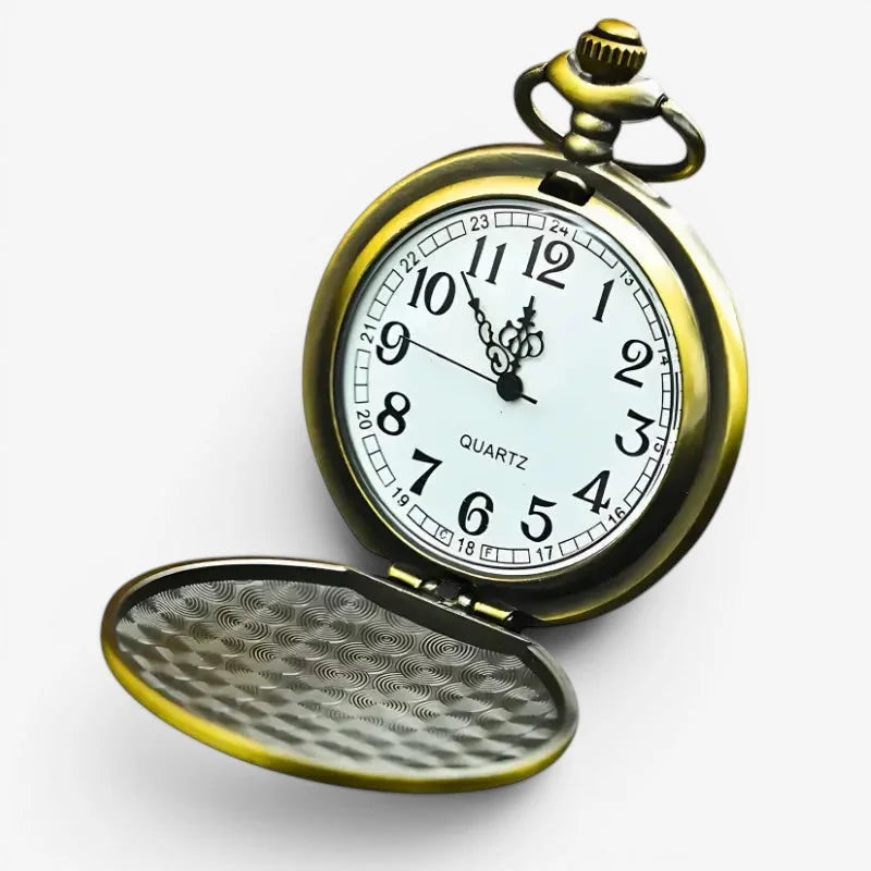 Bronze flower pocket watch with antique brass finish white face black arabic numerals and textured inner lid
