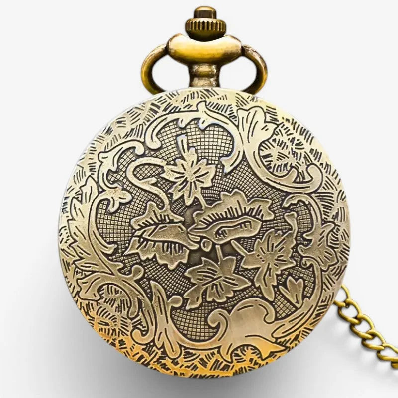Bronze flower pocket watch with antique brass finish and intricate floral scrollwork engraving on circular face