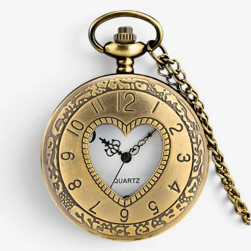 Bronze heart pocket watch with an antique brass body, heart-shaped white dial, black hands, and ornate engraved border