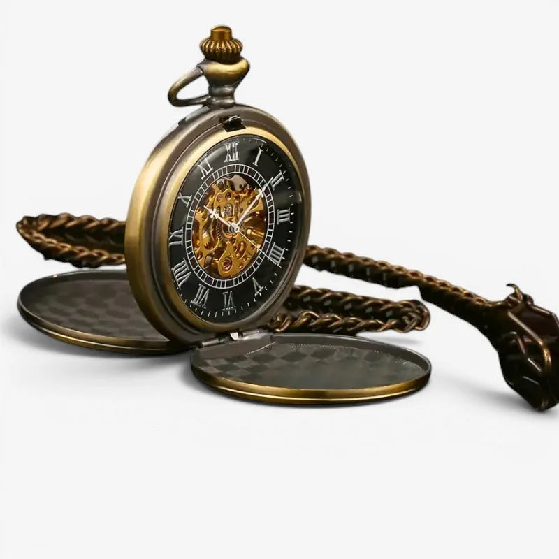Bronze hunter pocket watch with antique brass finish black face roman numerals visible gears and ornate dragon head chain