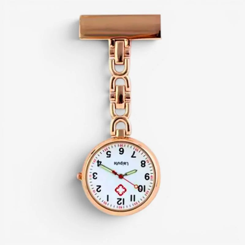 Bronze nurse watch featuring a rose gold pin, white face, red medical cross emblem, and black numerals