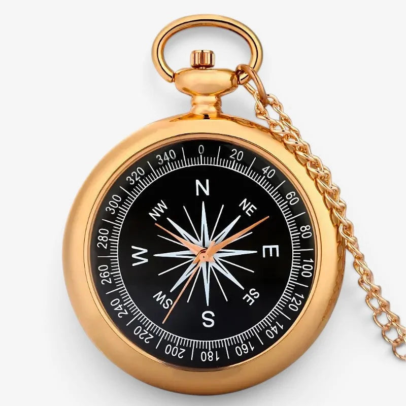 Bronze open compass pocket watch in gold tone with black face white compass markings and matching gold chain attached