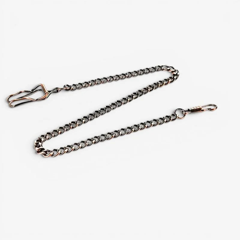 Bronze pocket watch chain with dark antique finish metal and classic link design featuring two distinct clasps