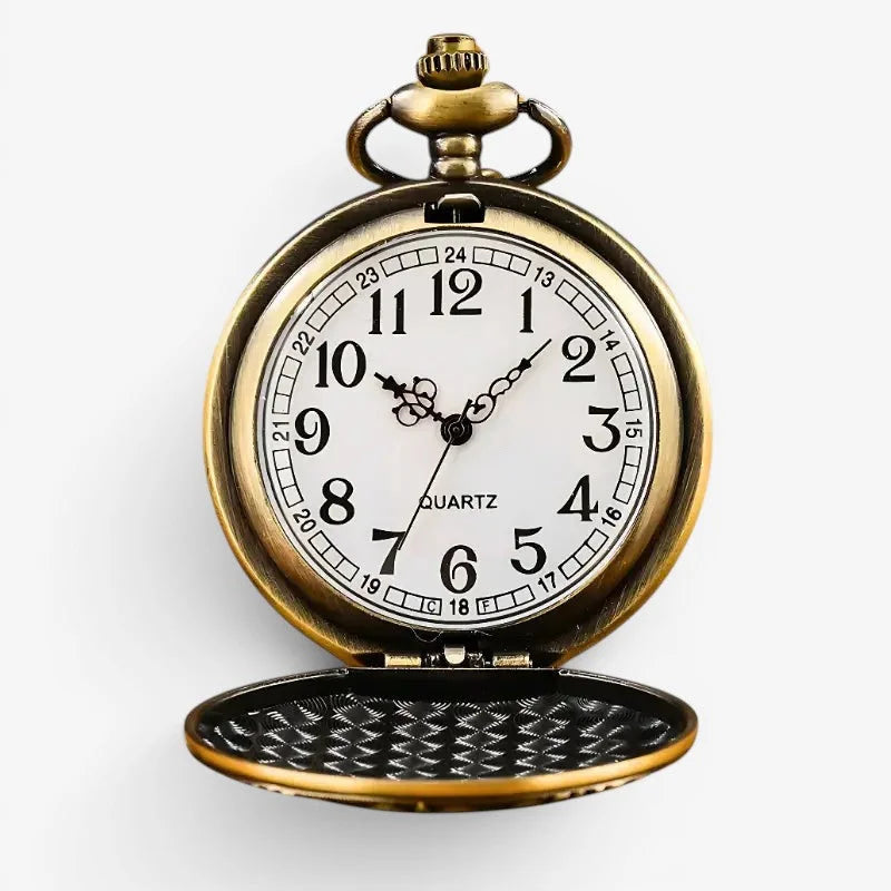 Bronze quartz pocket watch with antique brass finish white face black arabic numerals and ornate floral hour hand