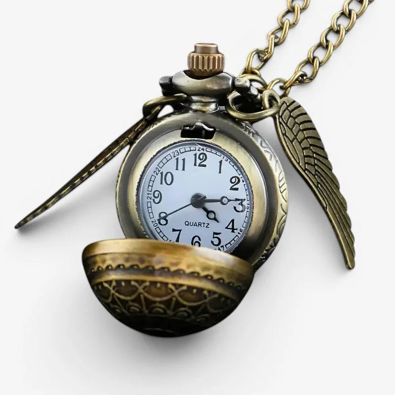 Bronze snitch pocket watch antique brass finish white dial black numerals wing charm pendant on chain