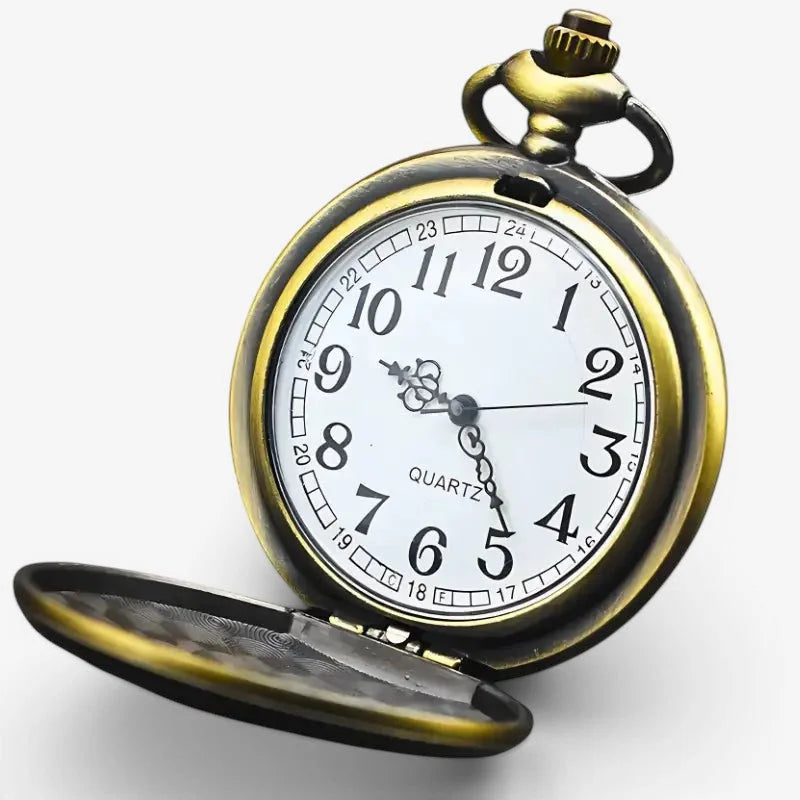 Bronze steampunk pocket watch with antique brass finish white face black arabic numerals and quartz movement
