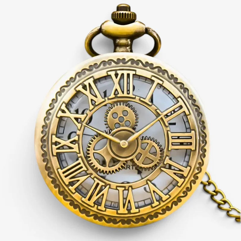 Bronze steampunk pocket watch in antique gold tone with roman numerals and exposed gearwork details
