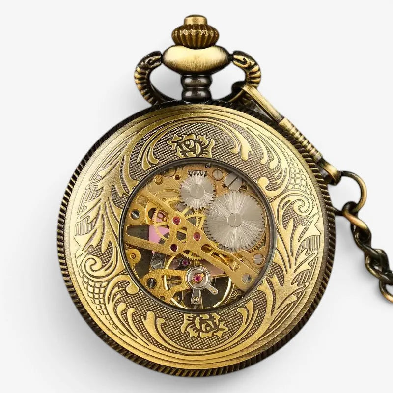 Bronze sun pocket watch with antique brass finish intricate floral engravings and exposed mechanical gears visible