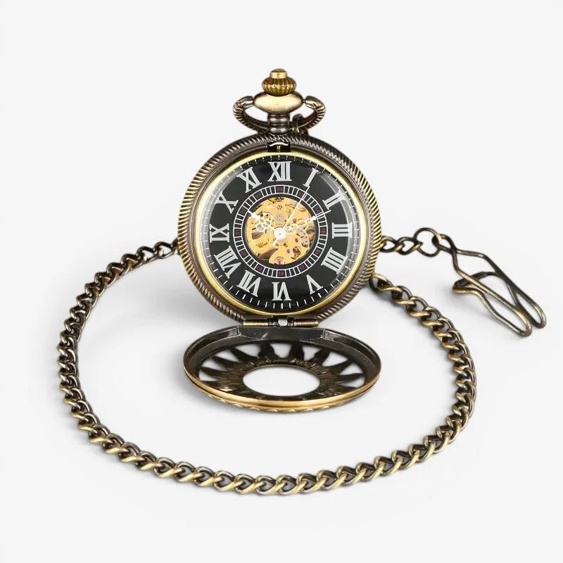 Bronze sun pocket watch antique-style brass with black face roman numerals and exposed mechanical movement