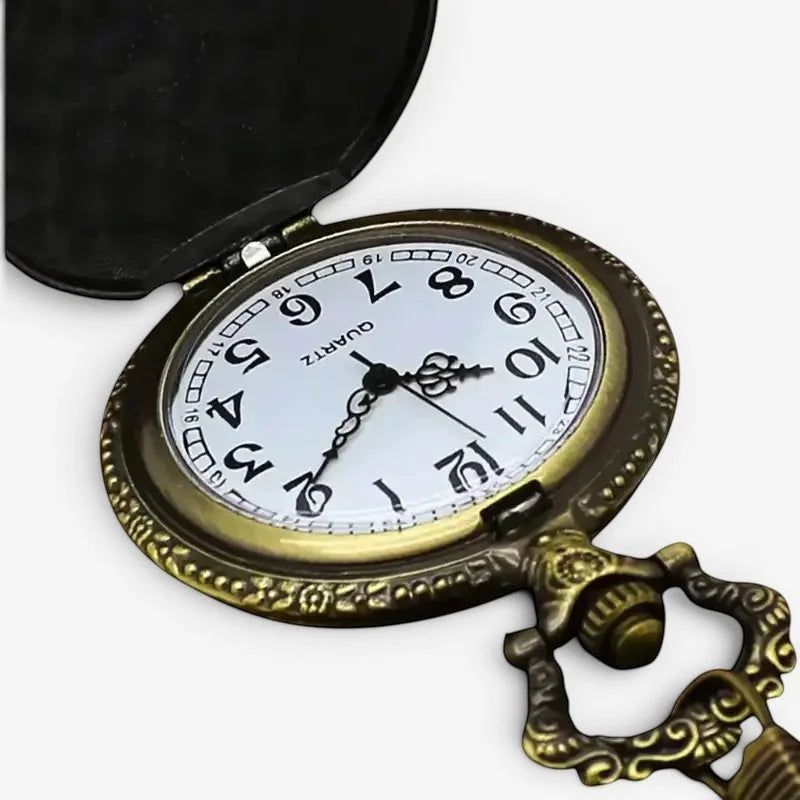 Antique bronze ussr pocket watch with brass finish white dial black arabic numerals and ornate engraved case and key