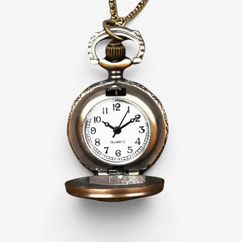 Antique bronze finish bronze ussr pocket watch with white face black numerals and hands hanging from matching chain