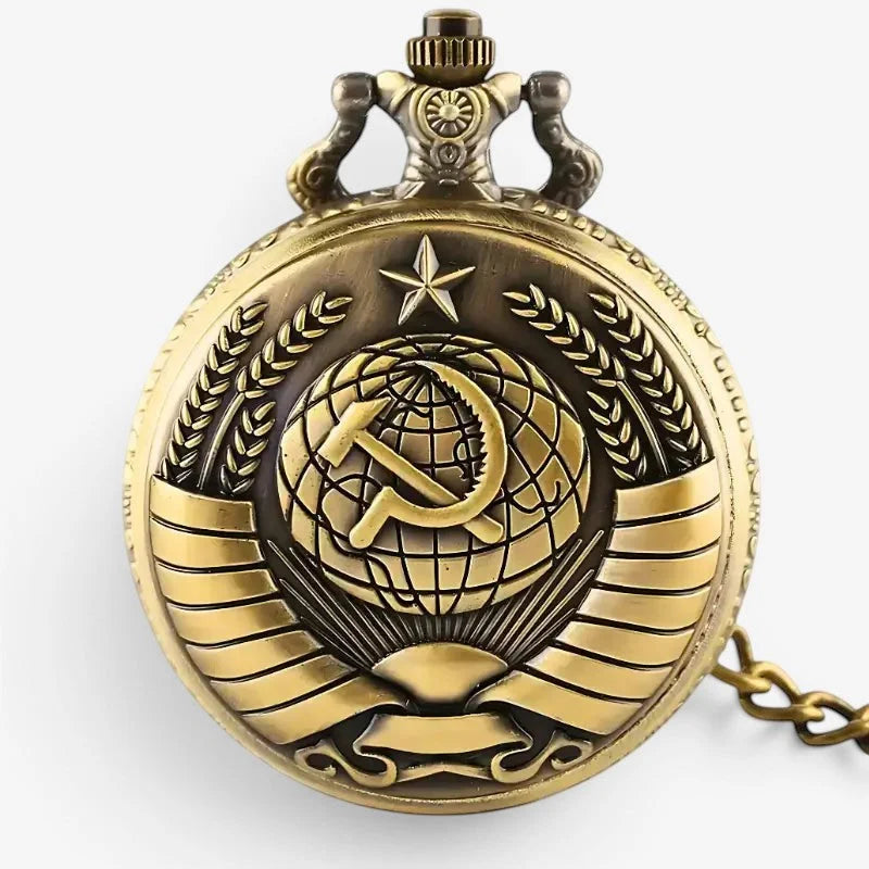 Bronze ussr pocket watch with antique gold tone and detailed hammer and sickle emblem on globe on back side