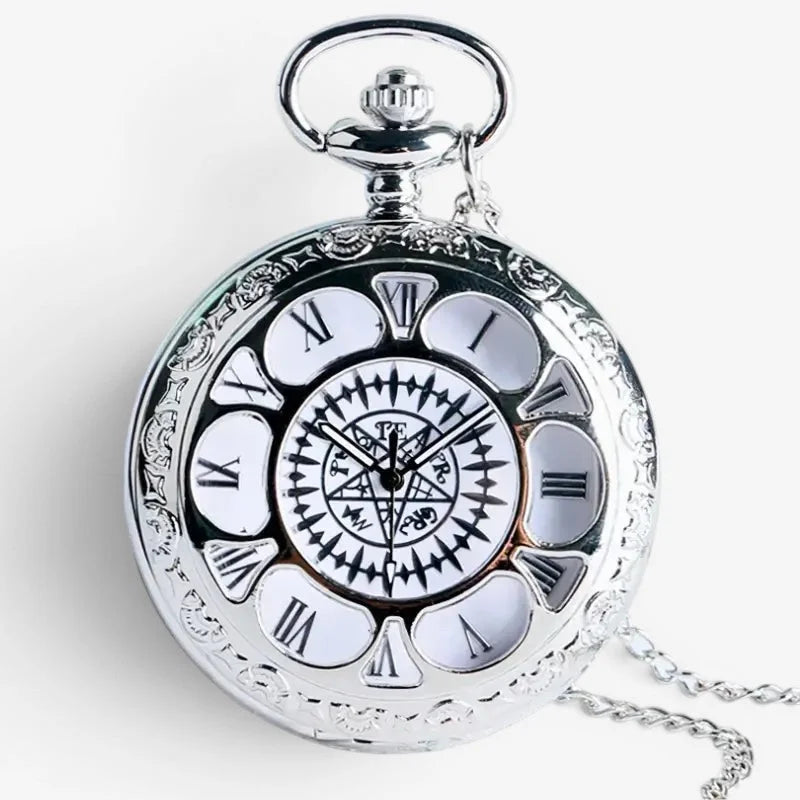 Silver ornate butler pocket watch with white roman numeral face and intricate pentagram design at center