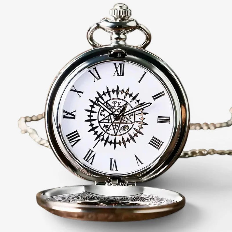 Butler pocket watch silver with white face black roman numerals and intricate geometric center design
