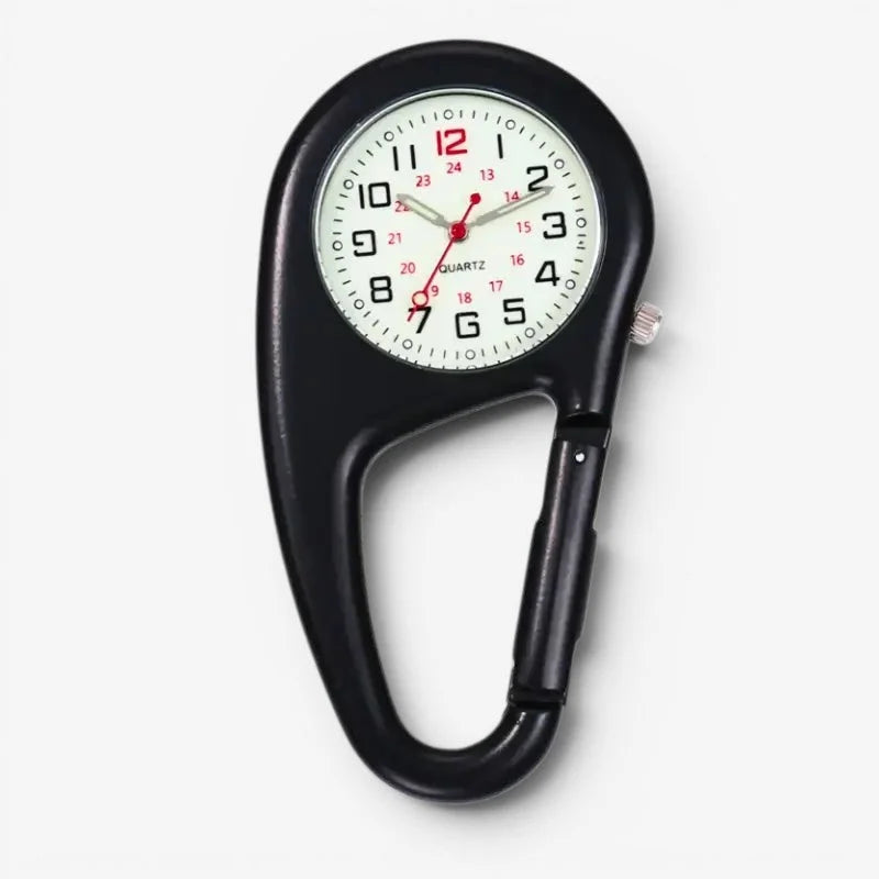 Black carabiner nurse watch with white face red hands and numerals for 12-hour timekeeping