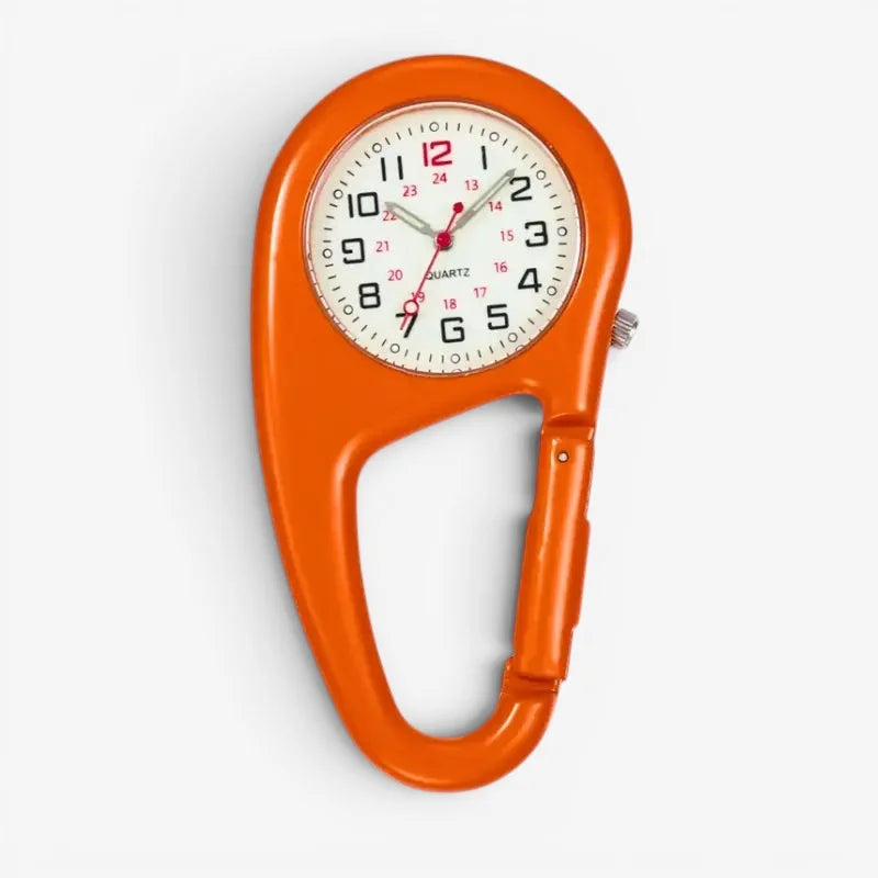 Orange carabiner nurse watch with white face, black and red numerals, and silver hands for easy time reading
