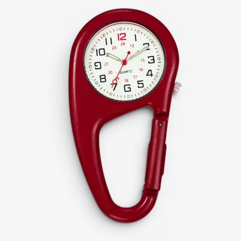 Red carabiner nurse watch with a white face black and red numerals and silver hands for easy time reading