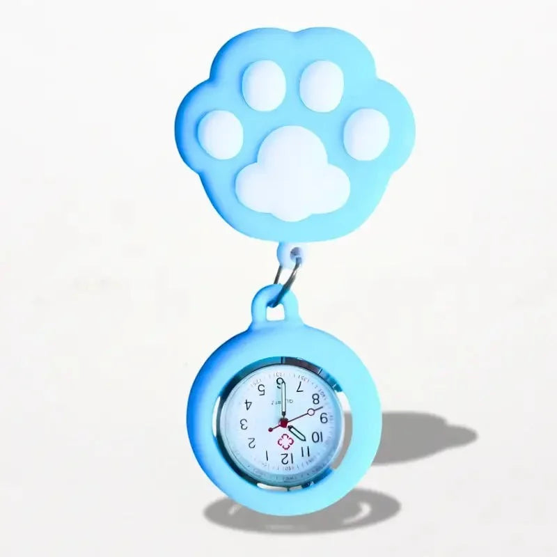 Light blue silicone cat nurse watch with paw-print clip and matching circular face with black numerals and red hands