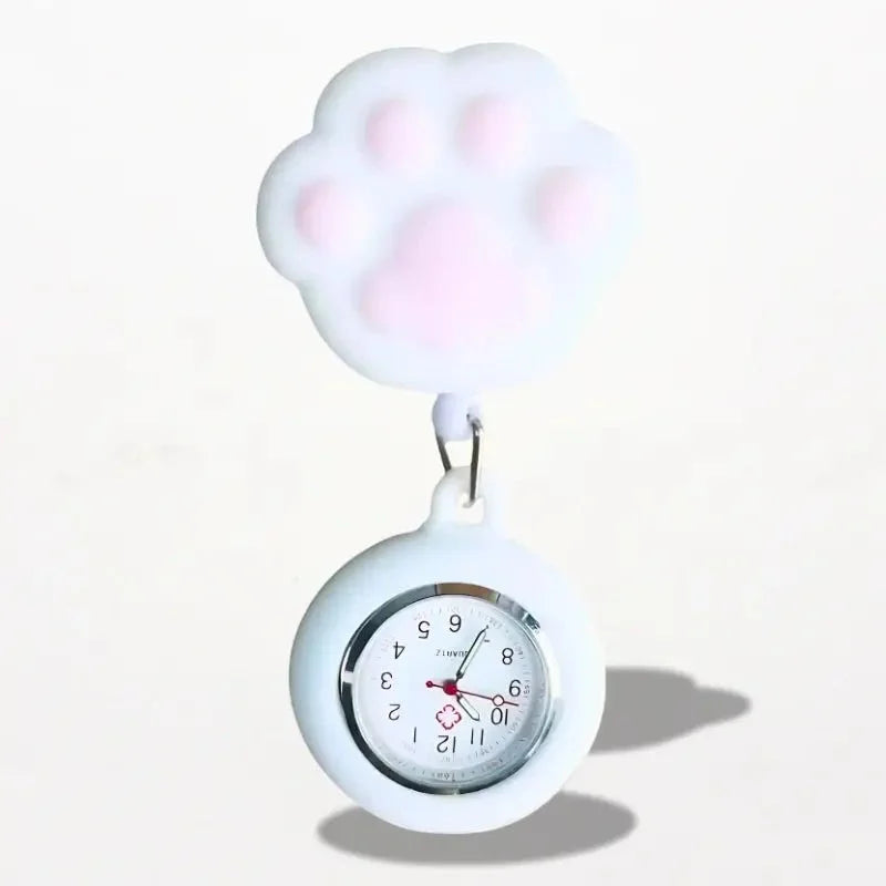 Cat nurse watch white silicone paw-print clip watch with round face and pink accents for veterinary use