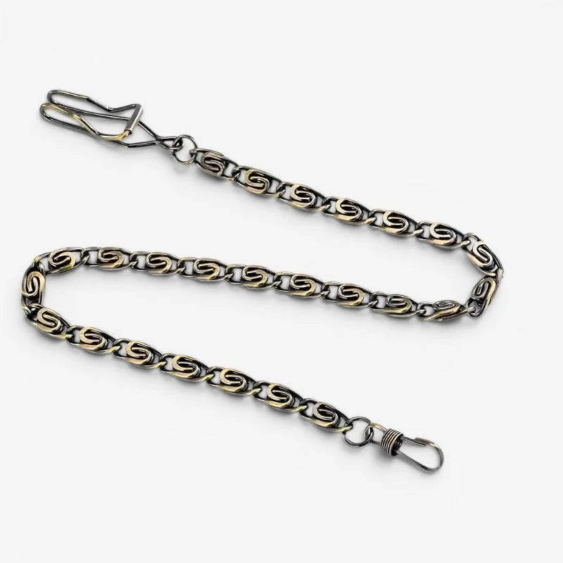 Two-tone metal chained pocket watch featuring interlocking s-shaped links and clasps at each end