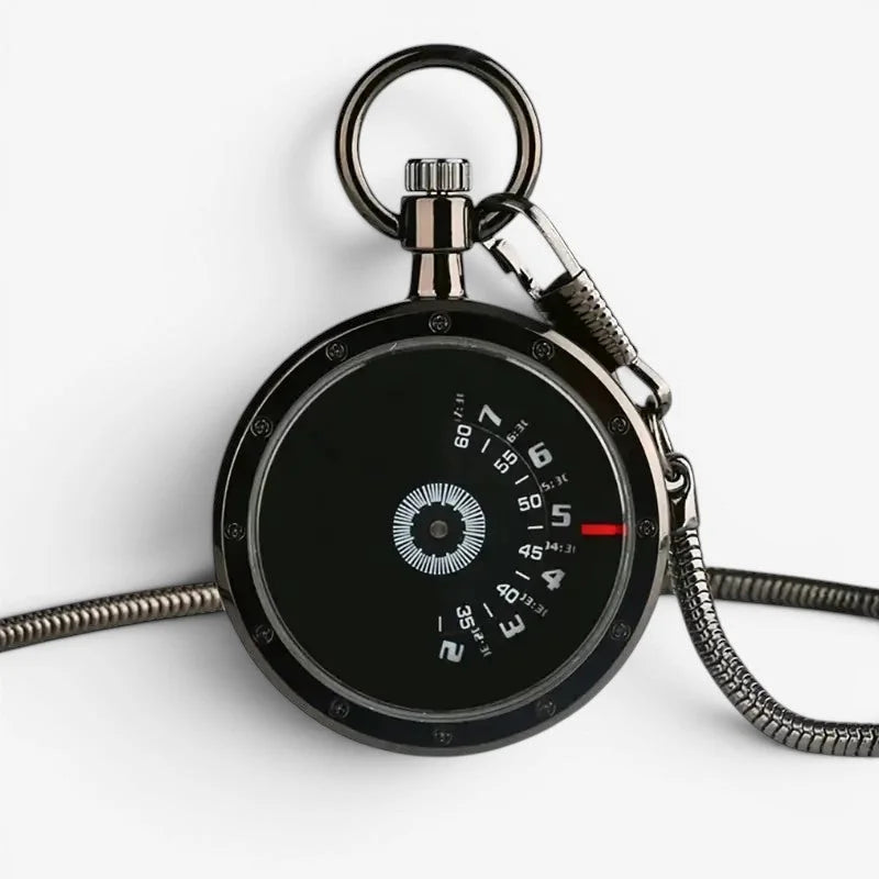 Black circular modern pocket watch with sleek metallic case and bold red second hand for stylish timekeeping