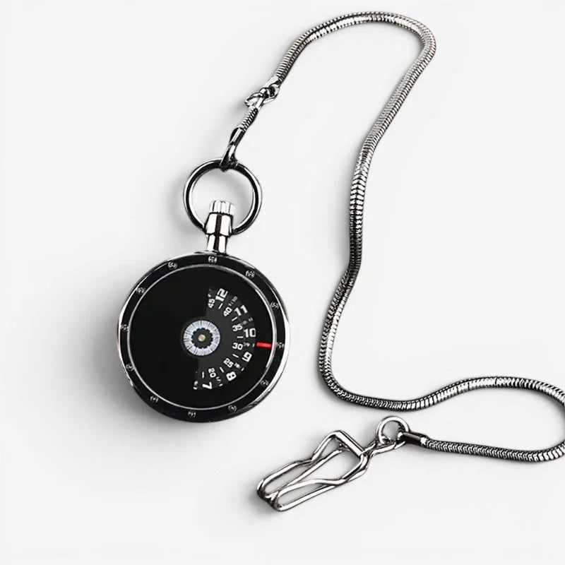 Silver-toned circular modern pocket watch with black face white numerals and coiled metal chain