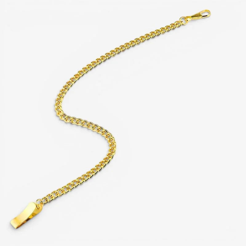 Gold-toned curb chain wallet strap with polished finish and matching lobster clasp for clip on pocket watch chain