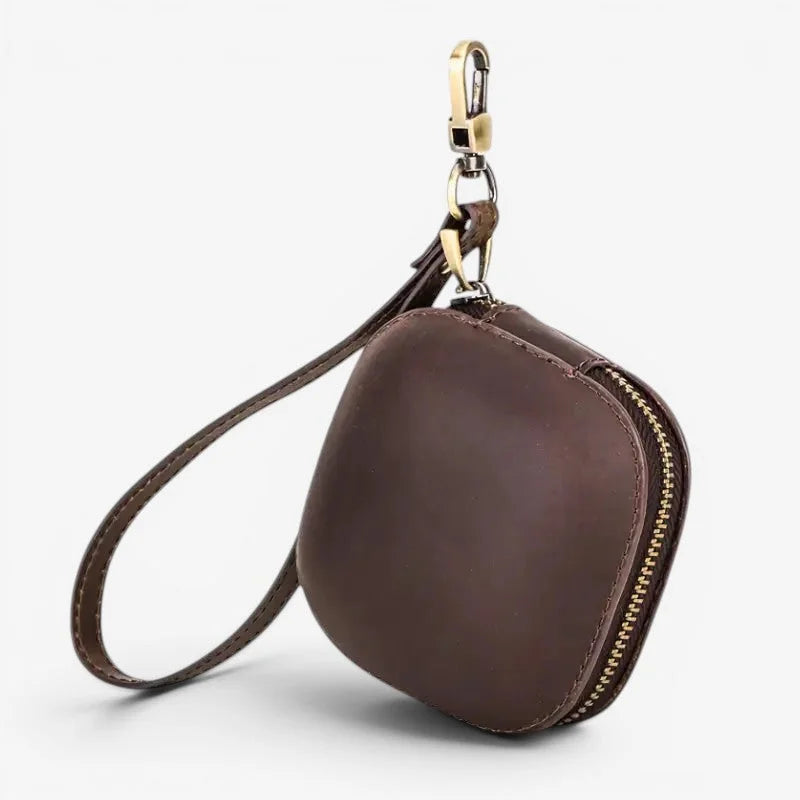 Brown leather cowhide pocket watch case wristlet with gold-toned zipper and metal clasp for secure carrying