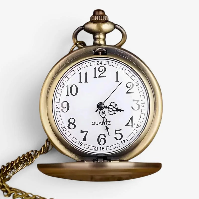 Antique brass-finished cross pocket watch with white dial black arabic numerals and quartz movement with chain