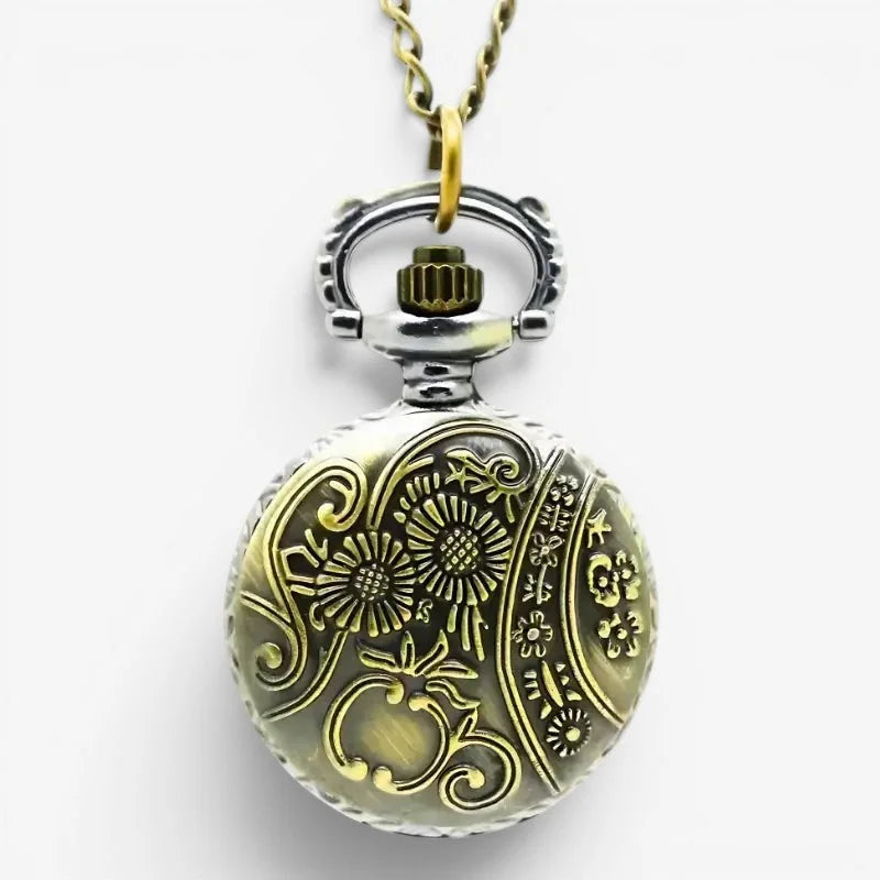 Crown pocket watch antique-style brass and silver-toned pendant with intricate floral engravings