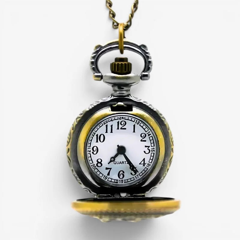 Crown pocket watch antique style silver and gold-toned with white face black numerals and chain for classic use