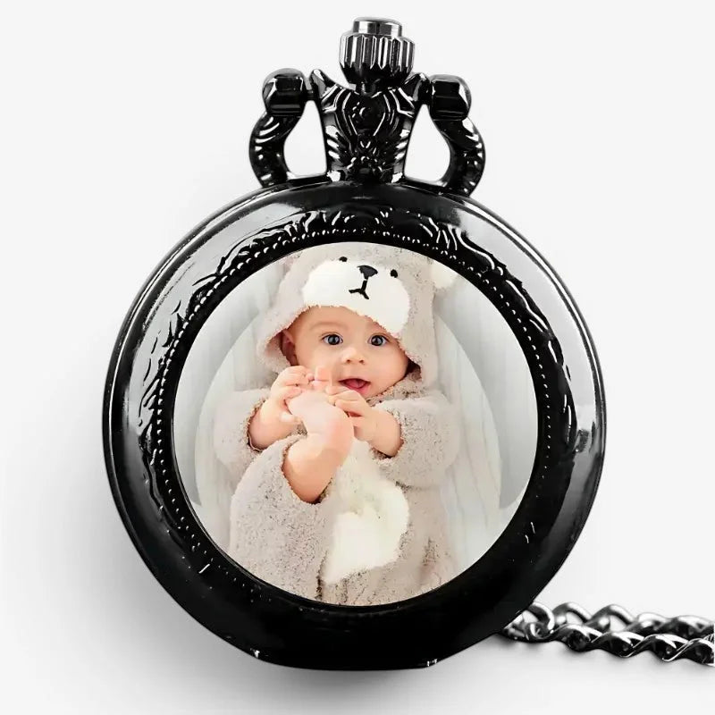 Black ornate custom photo pocket watch with a baby in a bear-themed outfit displayed on its face