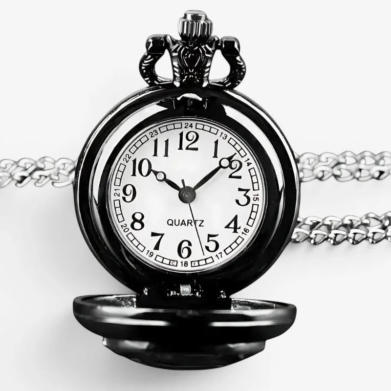 Custom photo pocket watch black ornate metal with white face silver hands attached to a chain for personalized gift