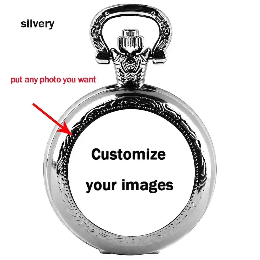 Silver-toned custom photo pocket watch with ornate engraved detailing and a decorative hinged clasp on the circular face
