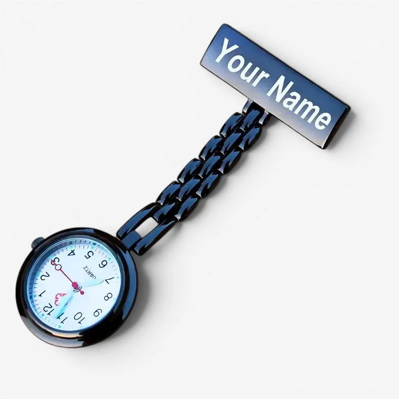 Blue metallic nurse pin with round face and personalized nameplate for customizable nurse watch