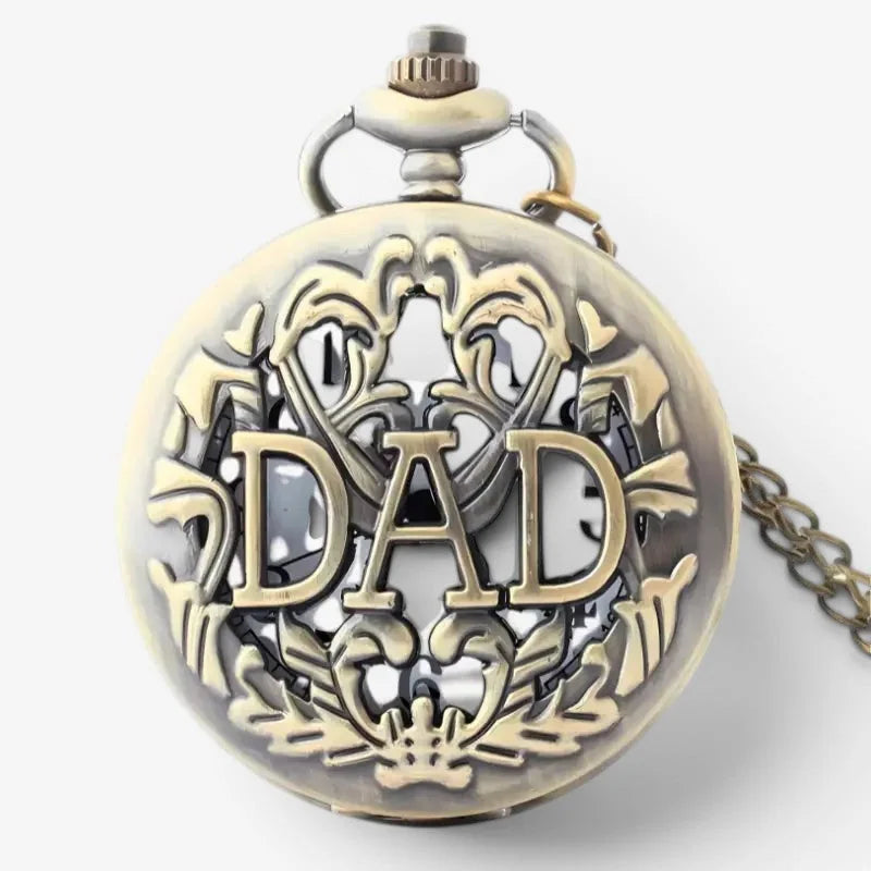 Antique brass-finished dad pocket watch with intricate filigree design and bold dad engraving on the back side