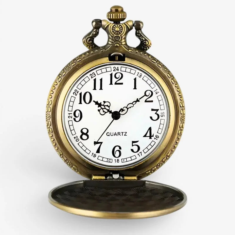 Dad pocket watch antique brass finish with ornate detailing white face black numerals quartz movement