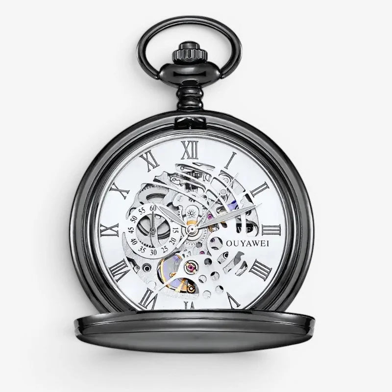 Black skeleton pocket watch with roman numerals and visible gears on white face for dark mechanical style
