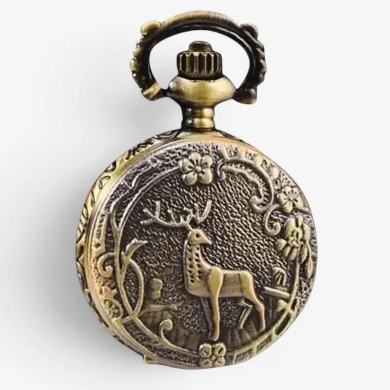 Antique-style brass deer motif pocket watch with intricate engraved deer and floral design on the back side