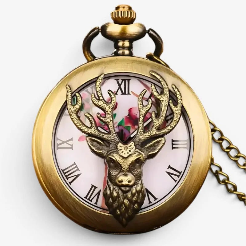 Antique brass deer pocket watch with a detailed stag head design and roman numeral dial in brass color