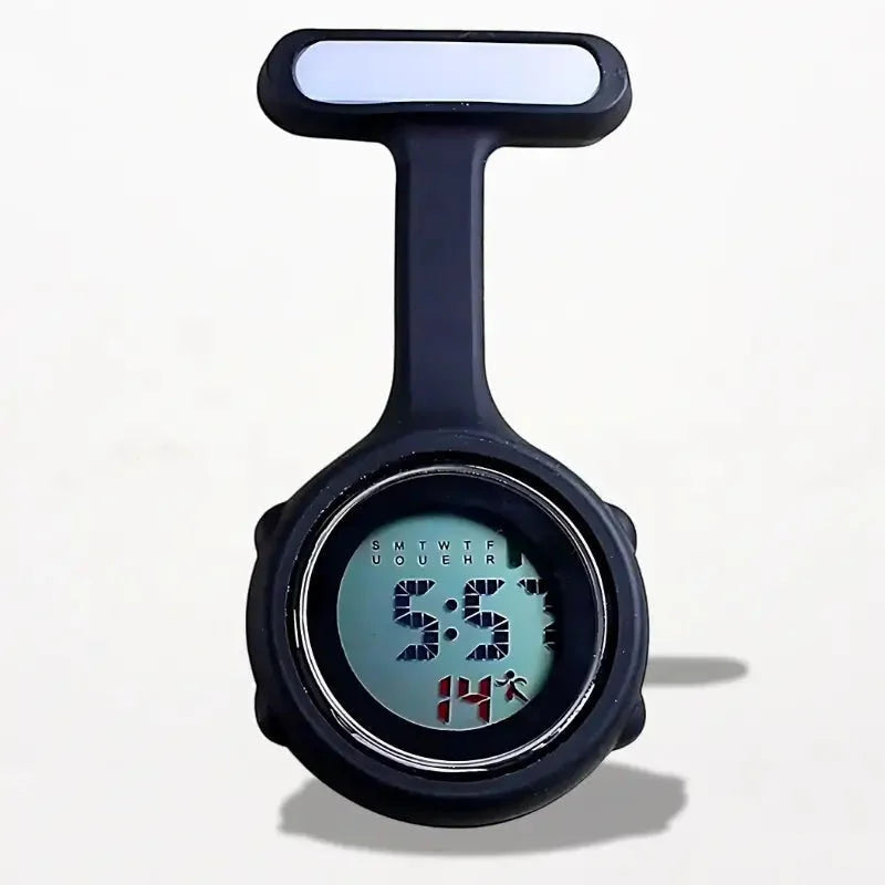 Black digital nurse watch with sleek ergonomic design and reflective silver bezel for medical professionals