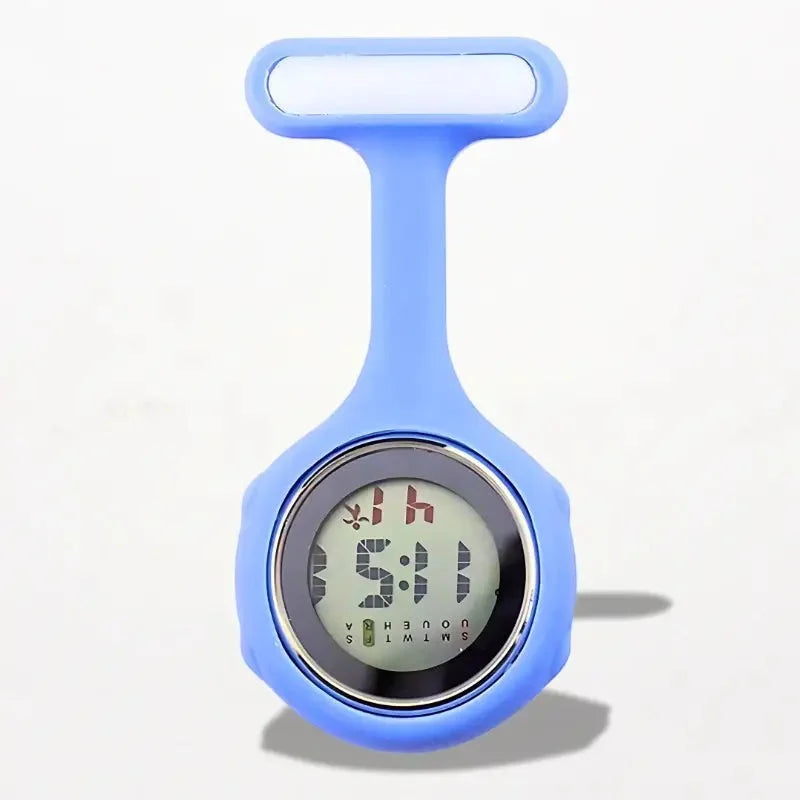 Blue silicone digital nurse watch with pin features time and day display for healthcare professionals