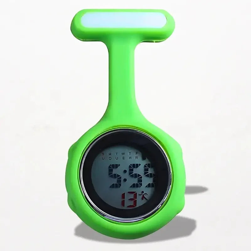 Bright green silicone digital nurse watch with a clear display showing time and date for medical use