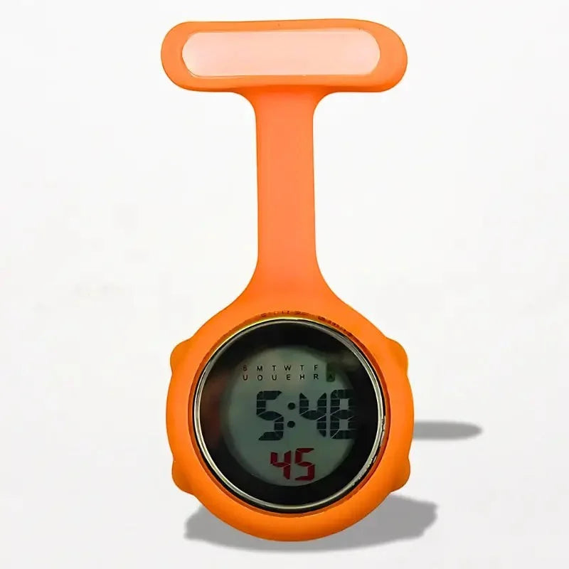 Bright orange silicone digital nurse watch with pin and display showing time and day for medical use