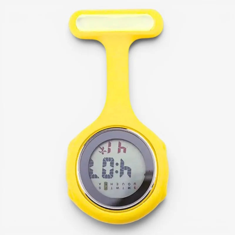 Bright yellow silicone digital nurse watch pin showing time and date for healthcare professionals